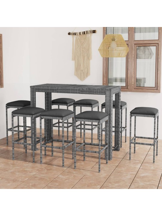 9dílný zahradní barový set s poduškami polyratan šedý