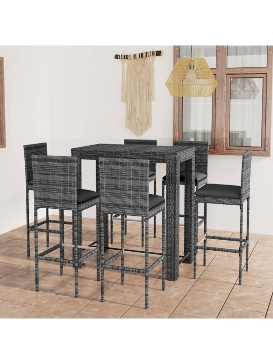 7dílný venkovní barový set s poduškami polyratan šedý