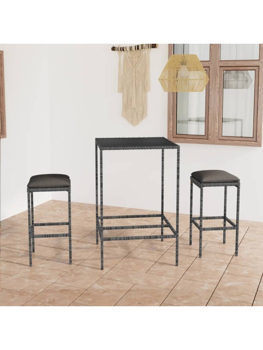 3dílný zahradní barový set s poduškami polyratan šedý