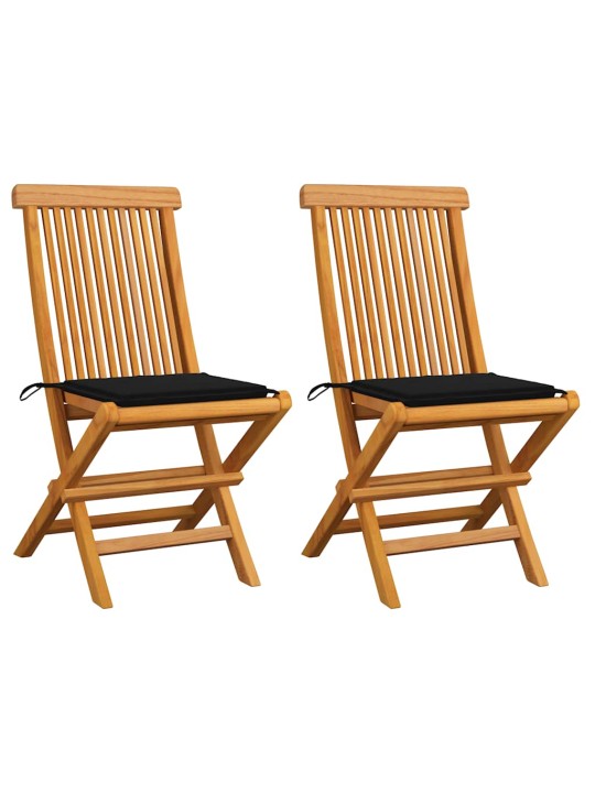 Zahradní židle s černými poduškami 2 ks masivní teak