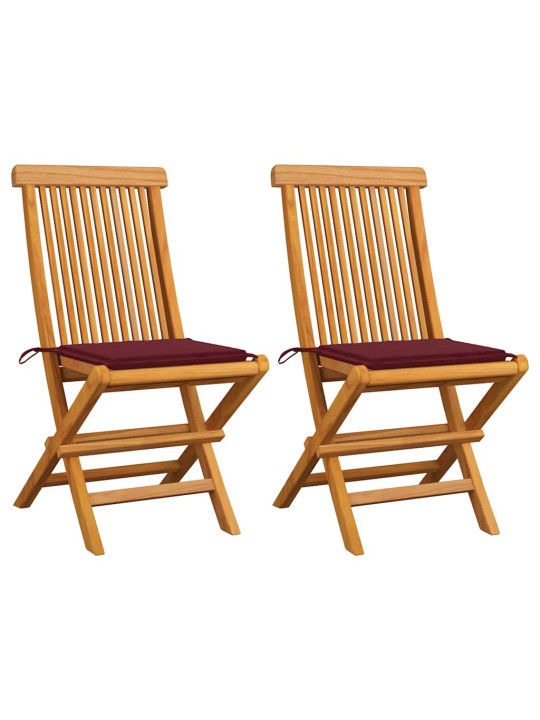Zahradní židle s vínovými poduškami 2 ks masivní teak