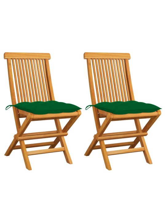 Zahradní židle se zelenými poduškami 2 ks masivní teak