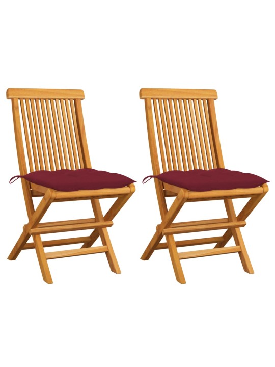 Zahradní židle s vínovými poduškami 2 ks masivní teak