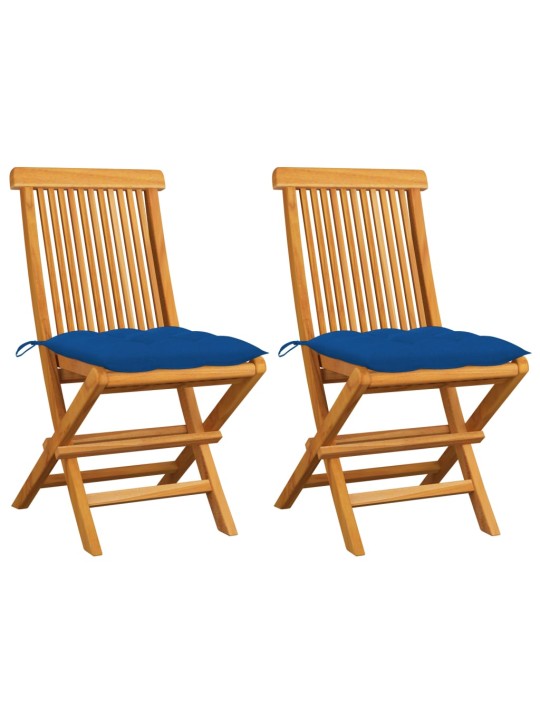 Zahradní židle s modrými poduškami 2 ks masivní teak