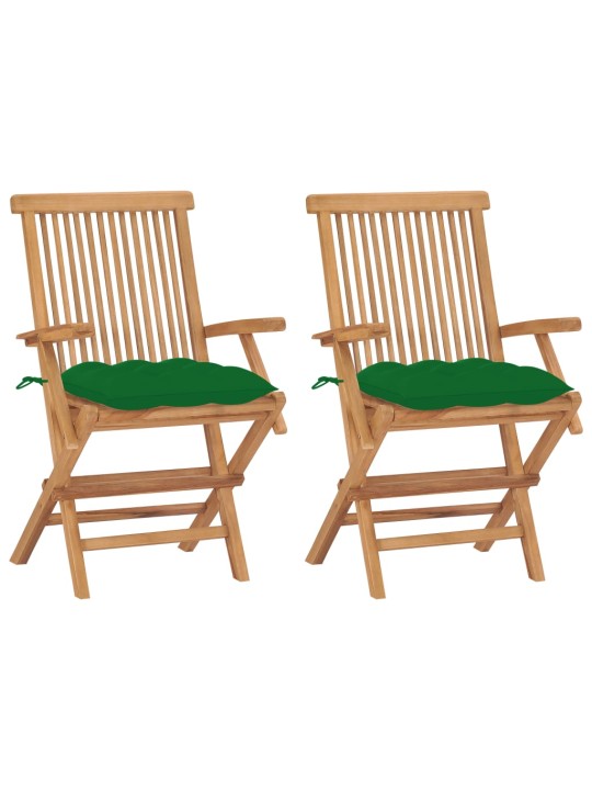 Zahradní židle se zelenými poduškami 2 ks masivní teak