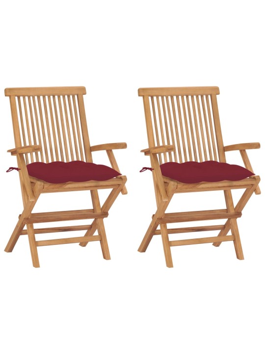 Zahradní židle s vínovými poduškami 2 ks masivní teak