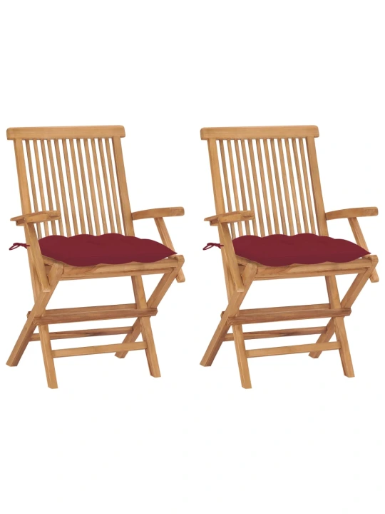Zahradní židle s vínovými poduškami 2 ks masivní teak