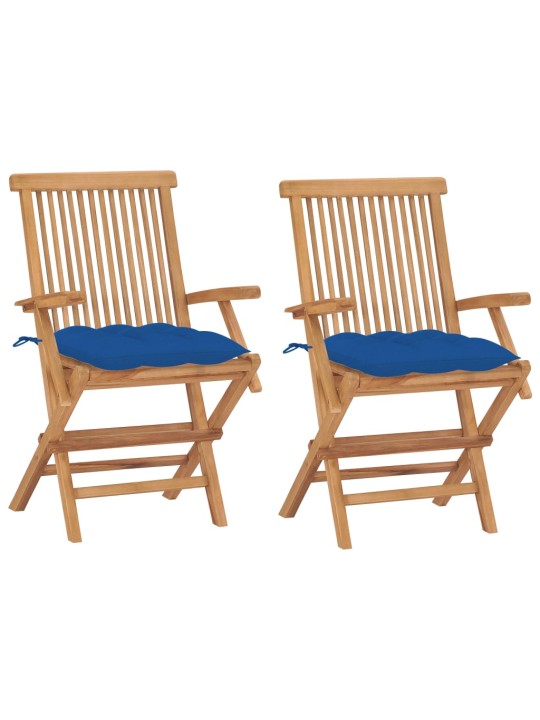 Zahradní židle s modrými poduškami 2 ks masivní teak