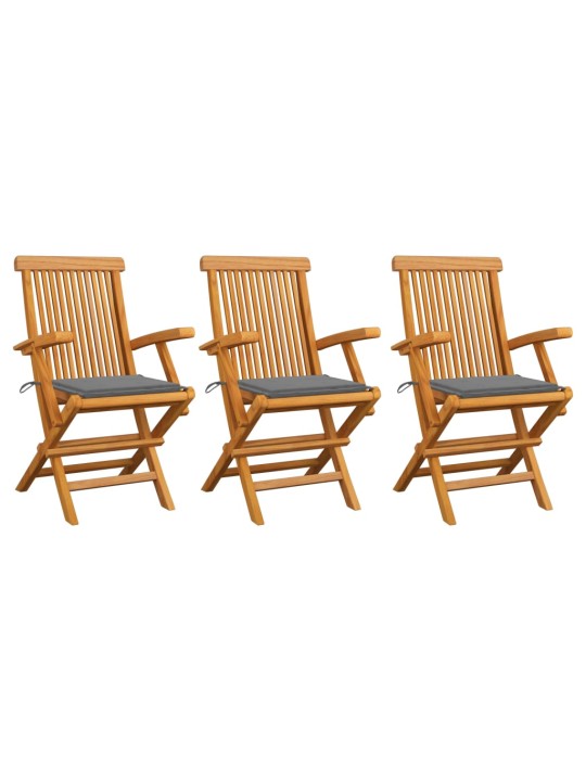 Zahradní židle s šedými poduškami 3 ks masivní teak