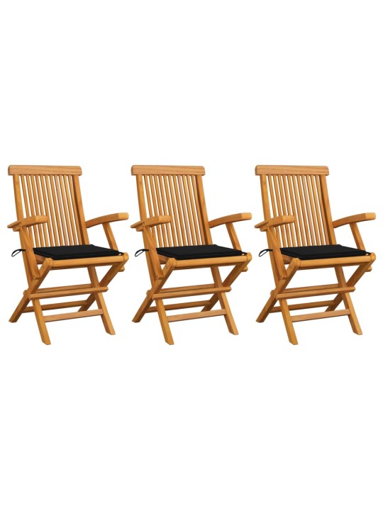 Zahradní židle s černými poduškami 3 ks masivní teak