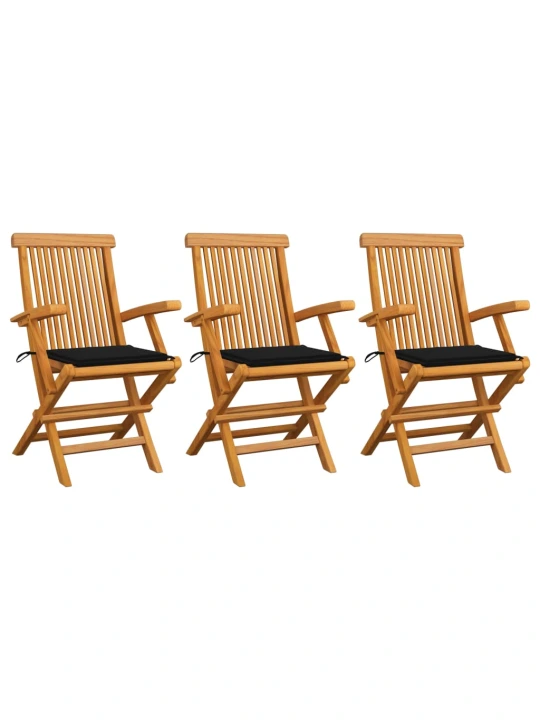 Zahradní židle s černými poduškami 3 ks masivní teak