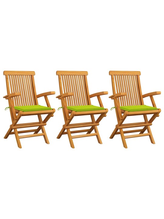 Zahradní židle s jasně zelenými poduškami 3 ks masivní teak