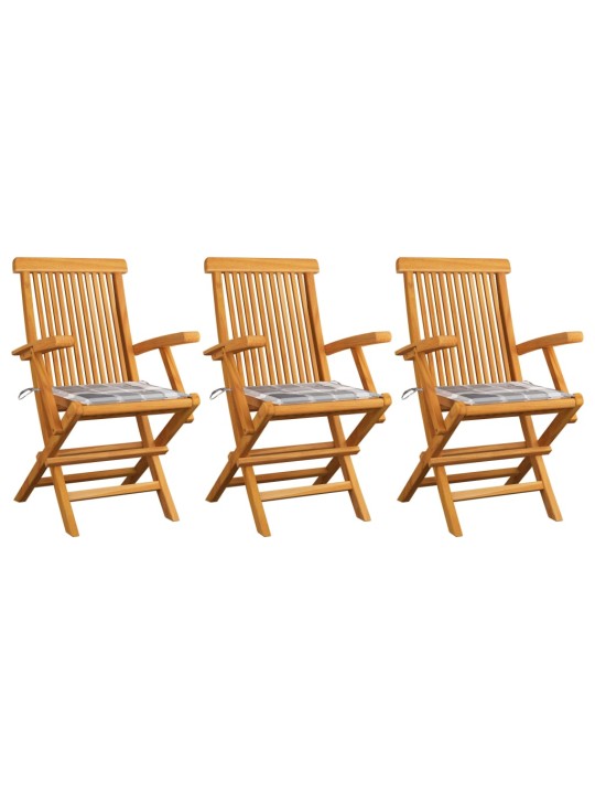 Zahradní židle s šedými károvanými poduškami 3 ks masivní teak