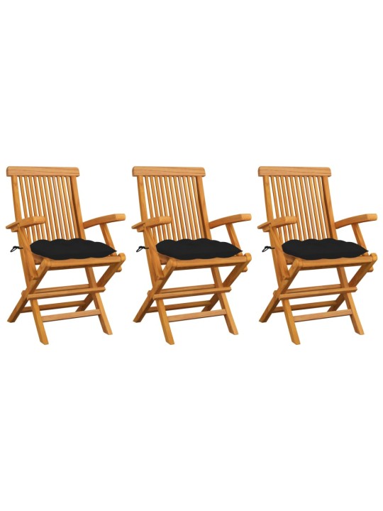 Zahradní židle s černými poduškami 3 ks masivní teak