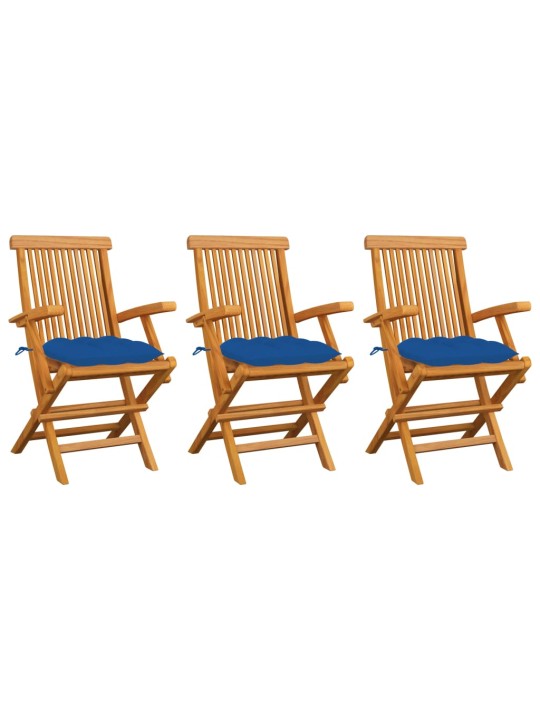 Zahradní židle s modrými poduškami 3 ks masivní teak