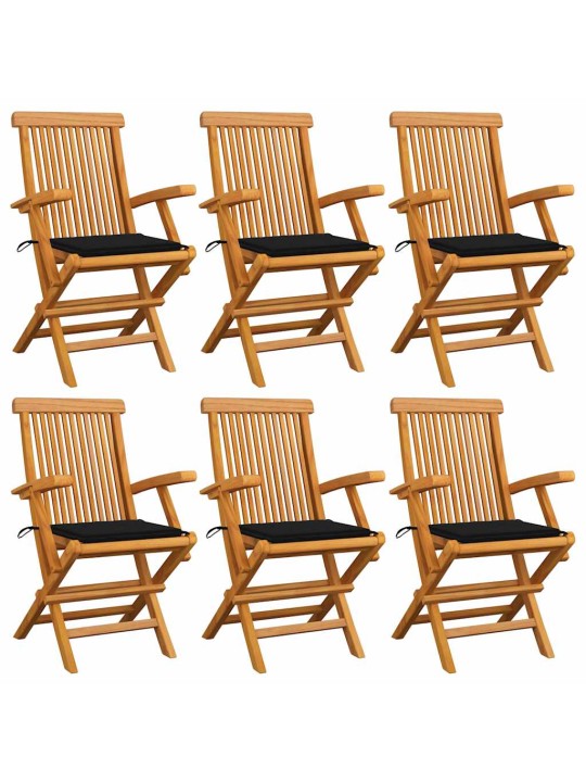 Zahradní židle s černými poduškami 6 ks masivní teak