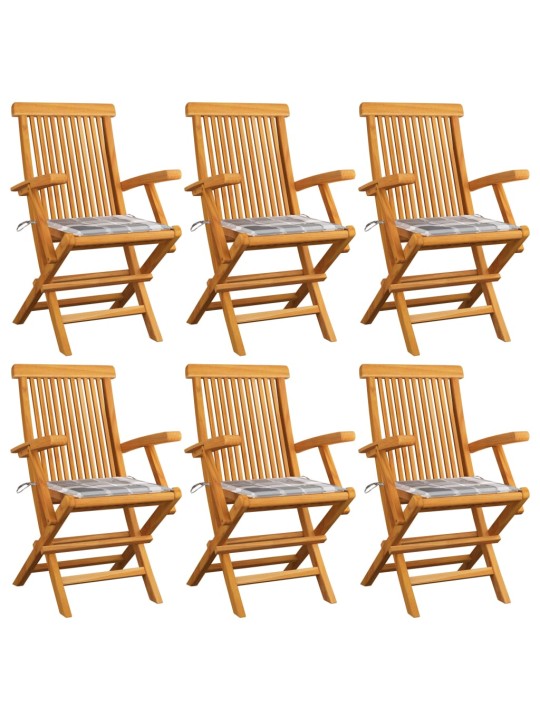 Zahradní židle s šedými károvanými poduškami 6 ks masivní teak