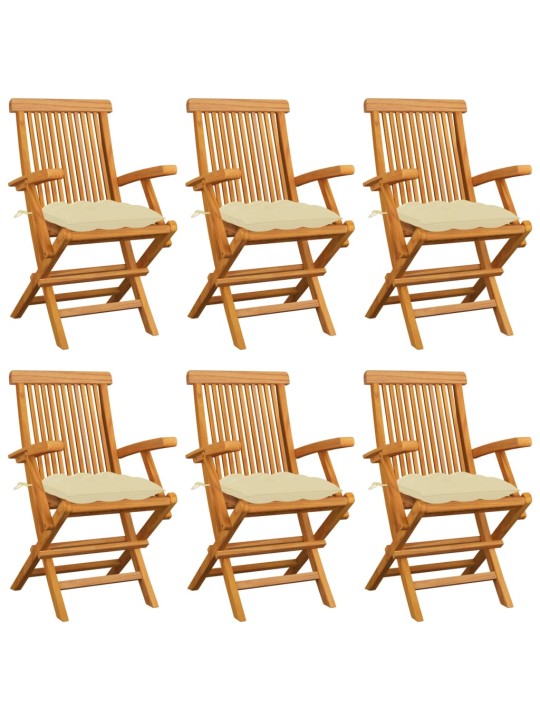 Zahradní židle s krémově bílými poduškami 6 ks masivní teak