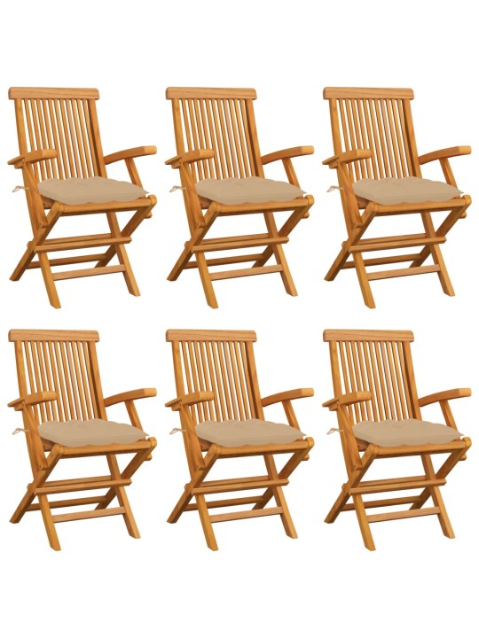 Zahradní židle s béžovými poduškami 6 ks masivní teak