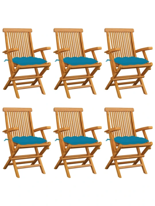 Zahradní židle se světle modrými poduškami 6 ks masivní teak