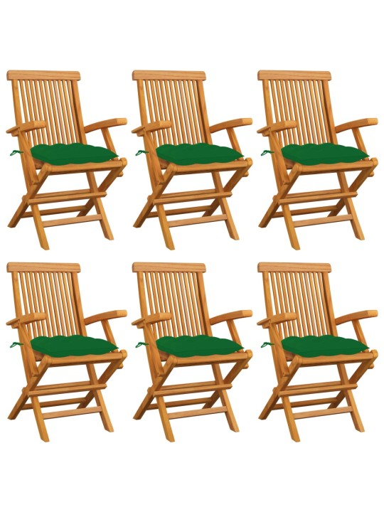 Zahradní židle se zelenými poduškami 6 ks masivní teak