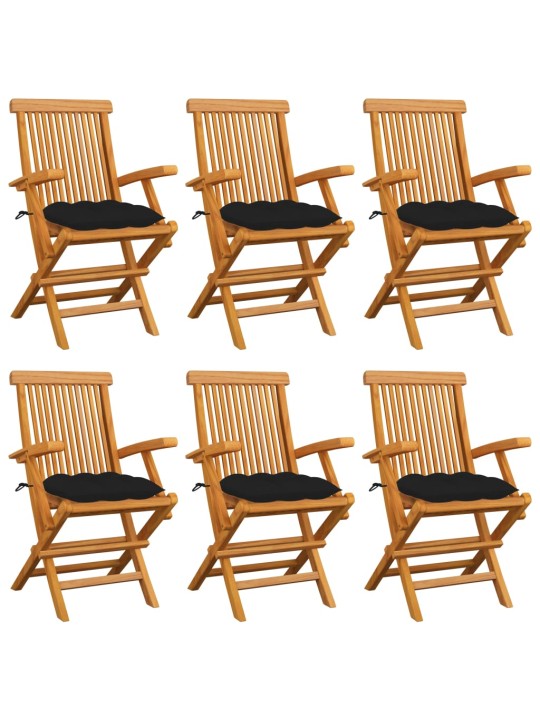 Zahradní židle s černými poduškami 6 ks masivní teak