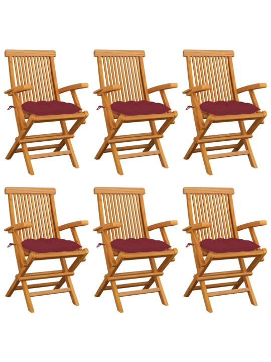 Zahradní židle s vínovými poduškami 6 ks masivní teak