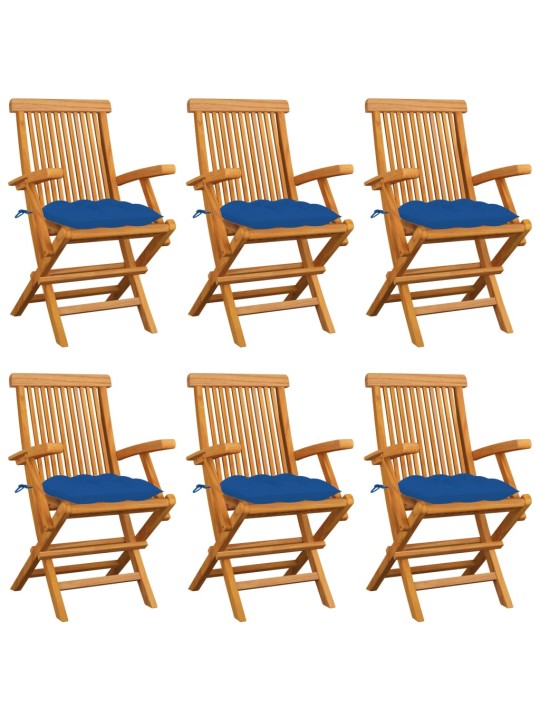Zahradní židle s modrými poduškami 6 ks masivní teak