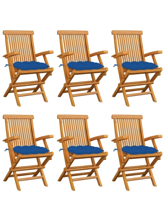 Zahradní židle s modrými poduškami 6 ks masivní teak