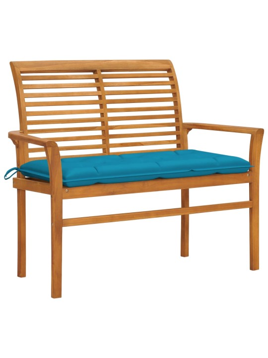 Zahradní lavice se světle modrou poduškou 112 cm masivní teak