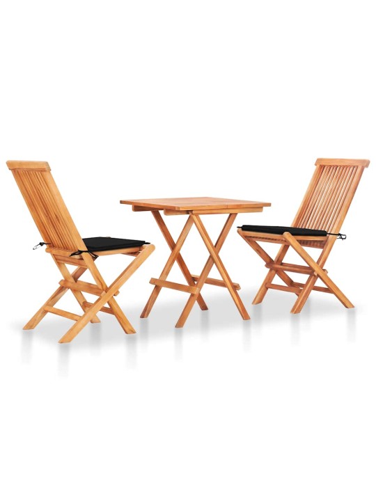 3dílný bistro set s černými poduškami masivní teakové dřevo