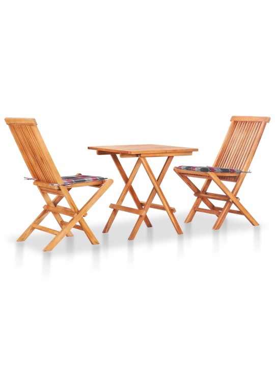 3dílný bistro set s červenými károvanými poduškami masivní teak
