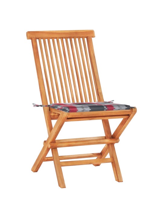 3dílný bistro set s červenými károvanými poduškami masivní teak