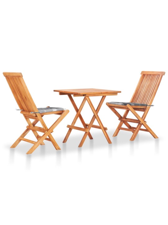 3dílný bistro set s šedými károvanými poduškami masivní teak