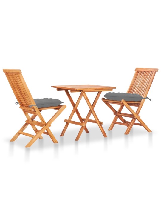 3dílný bistro set s šedými poduškami masivní teakové dřevo