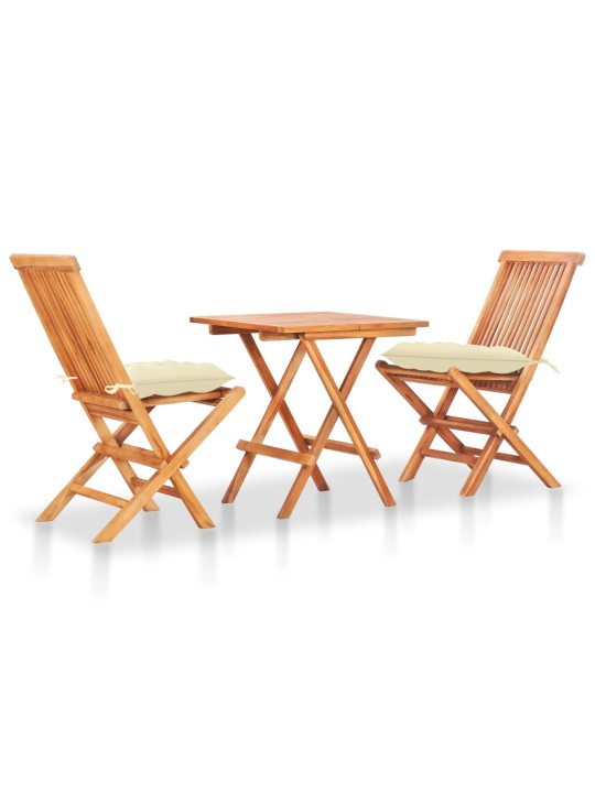 3dílný bistro set s krémově bílými poduškami teakové dřevo