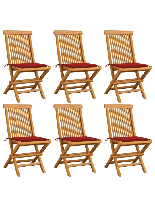 Zahradní židle s červenými poduškami 6 ks masivní teak