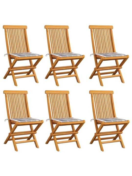 Zahradní židle s šedými károvanými poduškami 6 ks masivní teak