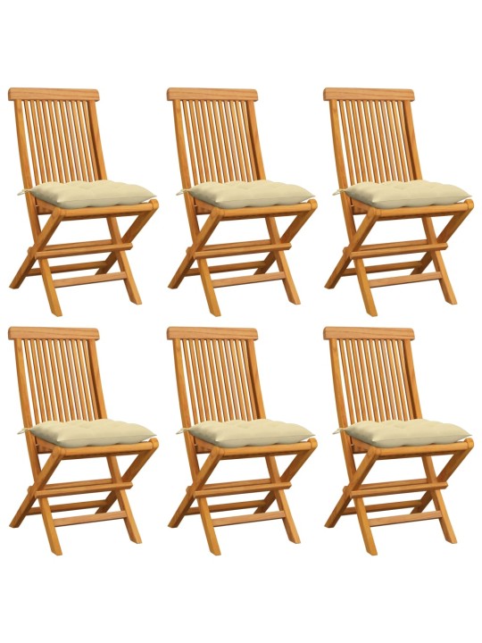 Zahradní židle s krémově bílými poduškami 6 ks masivní teak