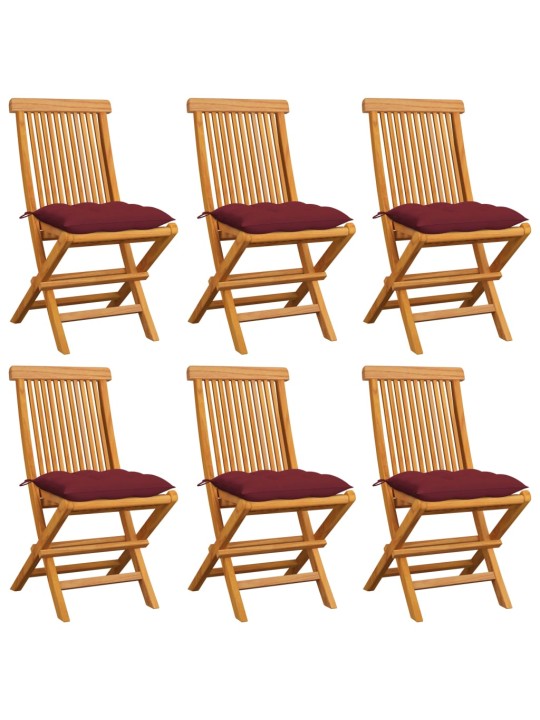 Zahradní židle s vínovými poduškami 6 ks masivní teak
