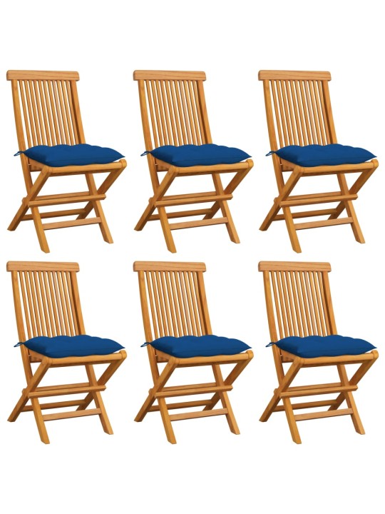 Zahradní židle s modrými poduškami 6 ks masivní teak