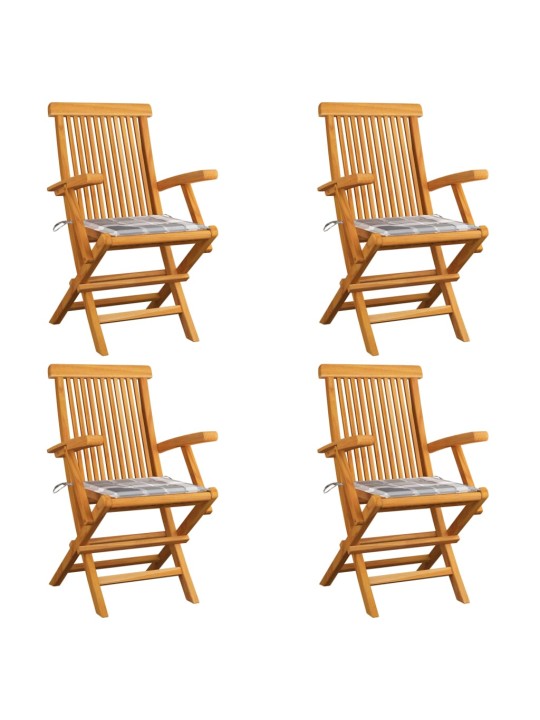 Zahradní židle s šedými károvanými poduškami 4 ks masivní teak