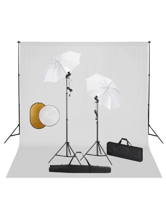 Foto studio set s lampami, deštníky, pozadím a odraznou deskou