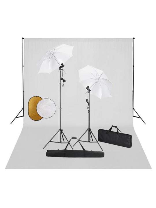 Foto studio set se světly, deštníky, pozadím a odraznou deskou