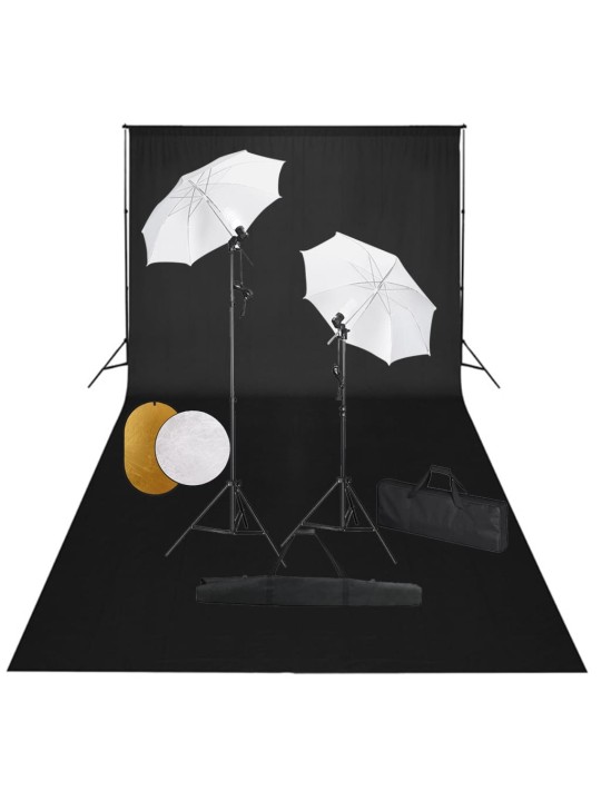 Foto studio set s lampami, deštníky, pozadím a odraznou deskou