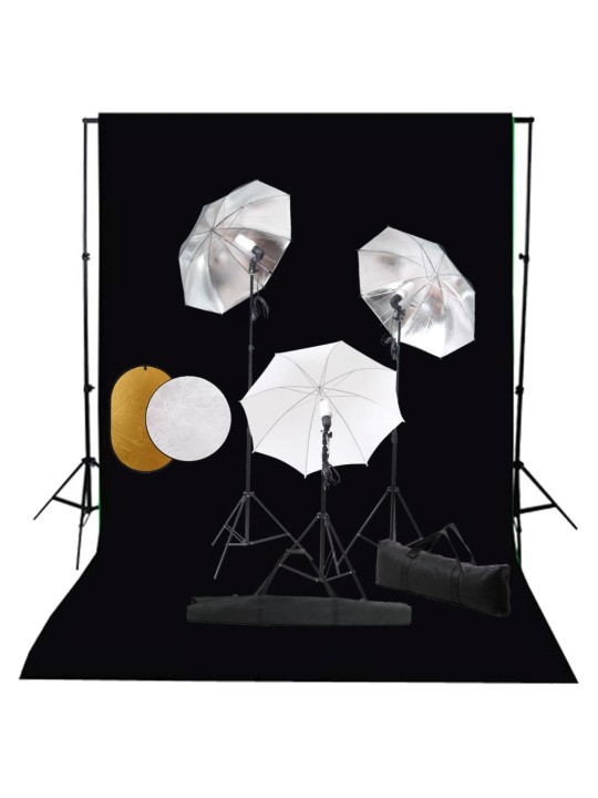Foto studio set s lampami, deštníky, pozadím a odraznou deskou