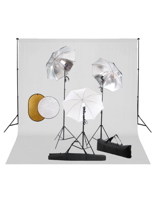 Foto studio set s lampami, deštníky, pozadím a odraznou deskou