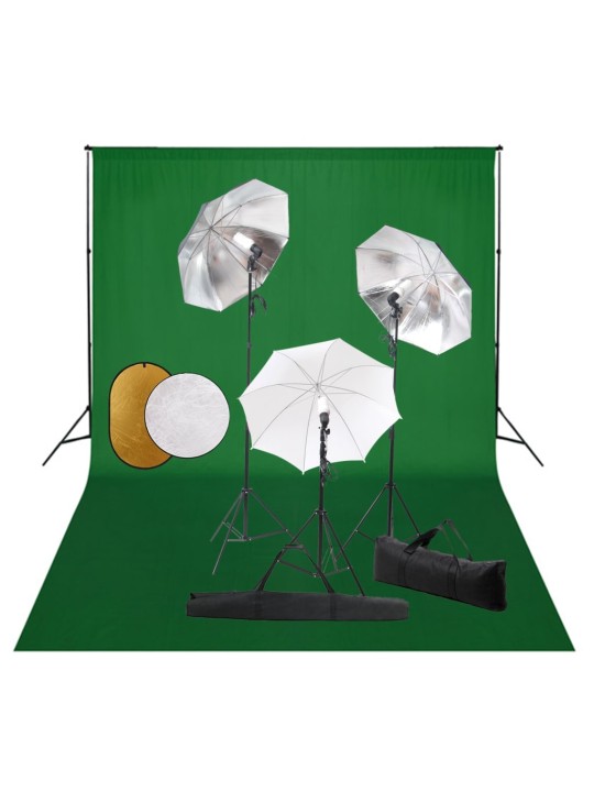 Foto studio set s lampami, deštníky, pozadím a odraznou deskou