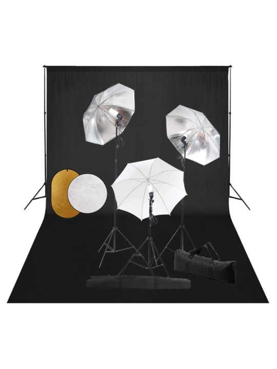 Foto studio set s lampami, deštníky, pozadím a odraznou deskou