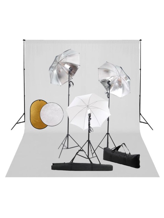 Foto studio set s lampami, deštníky, pozadím a odraznou deskou